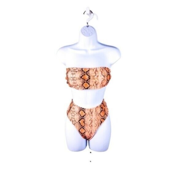 Snakeskin Print Bandeau Strapless High Waist Bikini Swimsuit Orange Large - Picture 1 of 5